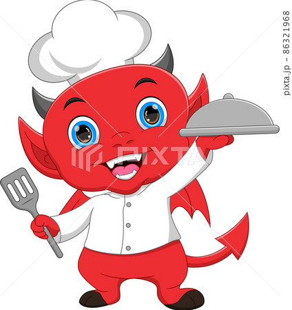 cartoon chef little devil carrying a tray of food 86321968