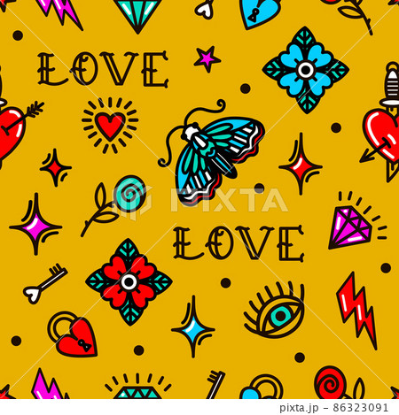 Old school tattoo pattern with love symbols Old school tattoo pattern with love symbols 86323091