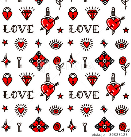 Old school tattoo seamless pattern with love symbols Design For Valentines  Day Stock Photo  Alamy