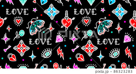 seamless pattern with love symbols in Old school tattoo style seamless pattern with love symbols in Old school tattoo style 86323283