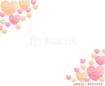 バレンタイン背景素材 左上右下を彩る大小の赤 橙色のクレヨンで描かれたハート 横 背景白 他色有のイラスト素材