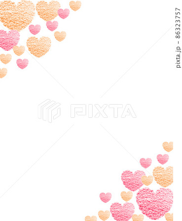 バレンタイン背景素材 左上右下を彩る大小の赤＆橙色のクレヨンで描かれたハート 縦 背景白 他色有 86323757