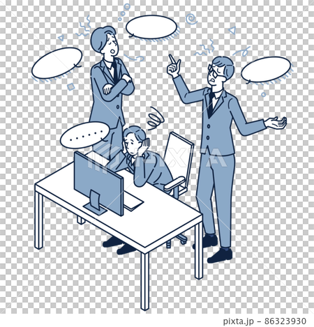 オフィスで説教やハラスメントを受けてうんざりしている男性会社員のアイソメイラスト 86323930