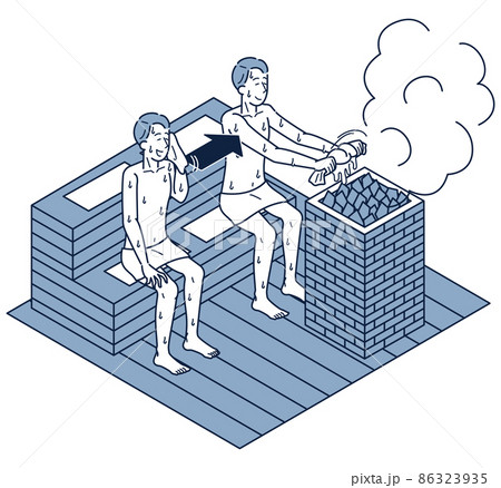 自分の汗を拭いたタオルをストーンにかけるマナー違反の男性のアイソメイラスト 86323935