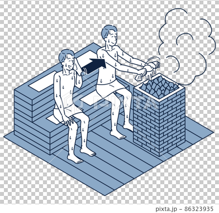 Isometric illustration of a man who violates manners by putting a towel that wipes his sweat on a stone 86323935