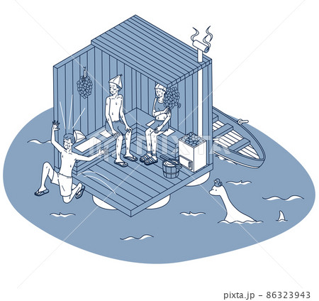 湖の上でフローティングサウナを楽しむ男女のアイソメイラスト 86323943