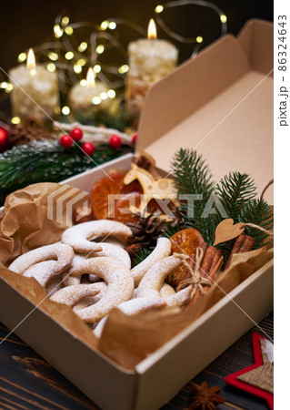 Gift box full of Traditional German or Austrian Vanillekipferl vanilla kipferl cookies 86324643