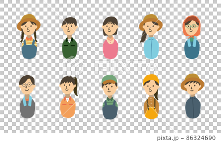 Illustration icon of 10 men and women engaged in agriculture, dairy, etc. Illustration icon of 10 men and women engaged in agriculture, dairy, etc. 86324690