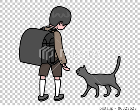 A boy just enrolled with a big school bag playing with a cat 86325628