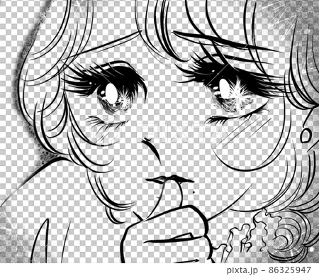 70年代少女漫画熱い視線で見つめる美少女白黒イラスト 86325947