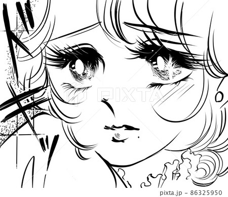 70年代少女漫画熱い視線で見つめる美少女白黒イラスト 86325950
