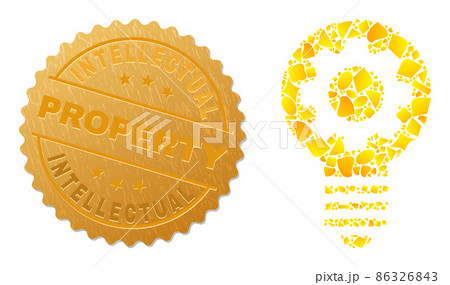 Gear Bulb Icon Collage of Golden Fractions and Textured Intellectual Property Seal 86326843