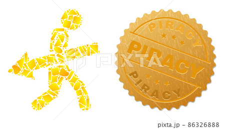 Arrow Delivery Man Icon Mosaic of Golden Fractions and Metal Piracy Seal 86326888