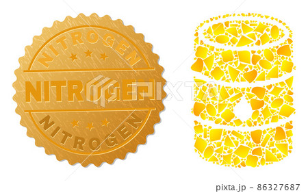 Oil Barrel Icon Mosaic of Golden Items and Metal Nitrogen Stamp 86327687