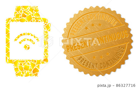 Wifi Watches Icon Collage of Gold Items and Metal Present Continuous Stamp Wifi Watches Icon Collage of Gold Items and Metal Present Continuous Stamp 86327716