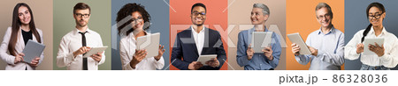 Online Banking. Portraits of different business people with digital tablets, creative collage 86328036