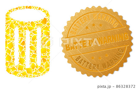 Cylinder Container Icon Collage of Golden Fractions and Textured Battery Warning Seal Stamp 86328372