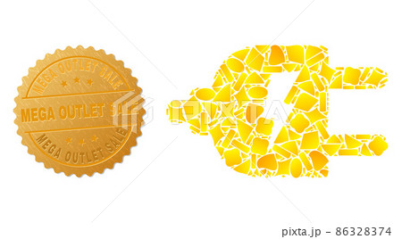 Electric Source Icon Collage of Golden Spots and Metal Mega Outlet Sale Badge Electric Source Icon Collage of Golden Spots and Metal Mega Outlet Sale Badge 86328374