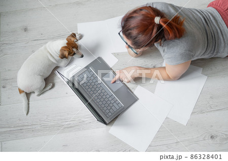 A woman lies on her stomach on the floor and is typing on a laptop. Girl freelancer works remotely from home with a puppy. Jack Russell Terrier next to the owner in a comfortable position. A woman lies on her stomach on the floor and is typing on a laptop. Girl freelancer works remotely from home with a puppy. Jack Russell Terrier next to the owner in a comfortable position. 86328401