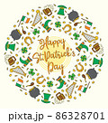 Bright line art round wreath of St Patricks day symbols happy St Patricks day congratulations 86328701