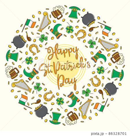 Bright line art round wreath of St Patricks day symbols happy St Patricks day congratulations Bright line art round wreath of St Patricks day symbols happy St Patricks day congratulations 86328701