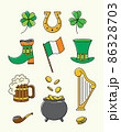 Bright line art set of clover, pot, coins, flag, shoes, ale. St Patricks day symbols collection 86328703