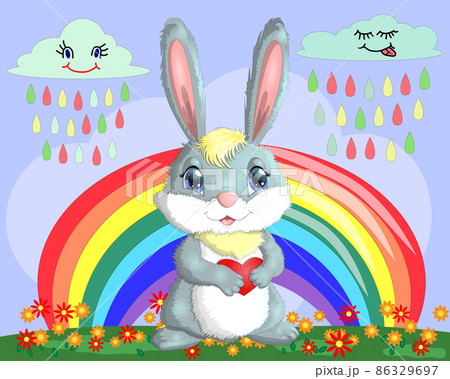 Bunny with a heart in a meadow near the rainbow. Spring, love, postcard 86329697