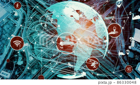 Smart transport technology concept for future car traffic on newish city road Smart transport technology concept for future car traffic on newish city road 86330048