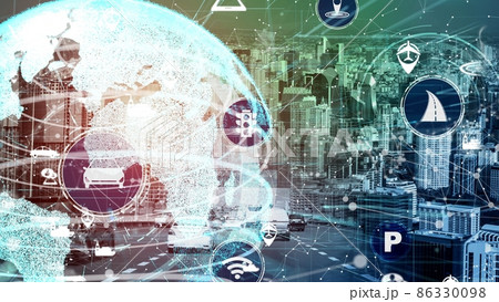 Smart transport technology concept for future car traffic on newish city road Smart transport technology concept for future car traffic on newish city road 86330098