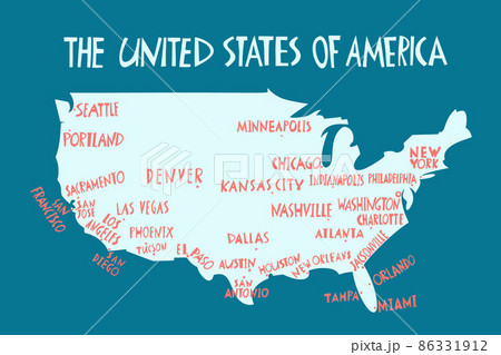Vector hand drawn stylized map of The United States of America with cities. Travel illustration of USA shape. North America map element Vector hand drawn stylized map of The United States of America with cities. Travel illustration of USA shape. North America map element 86331912