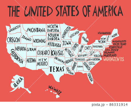 Vector hand drawn stylized map of The United States of America with states names. Travel illustration of USA shape. North America map element 86331914