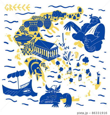 Vector hand drawn stylized map of Greece landmarks. Travel illustration. Hellenic Republic geography illustration. Europe map element Vector hand drawn stylized map of Greece landmarks. Travel illustration. Hellenic Republic geography illustration. Europe map element 86331916