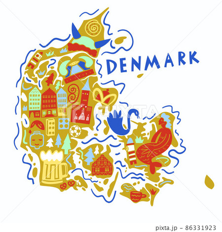Vector hand drawn stylized map of Denmark landmarks. Travel illustration. Kingdom of Denmark geography illustration. Europe map element 86331923