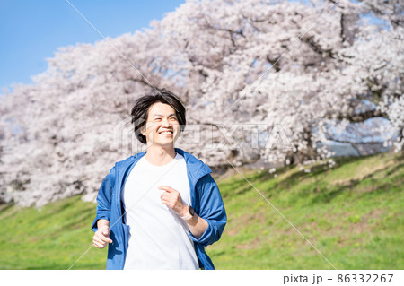 春、桜並木の公園でジョギングしている男性 86332267