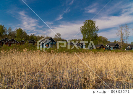 Russia. May 15, 2021. Morning spring recreation center Vohotka landscape on Sukhodolsky lake. Russia. May 15, 2021. Morning spring recreation center Vohotka landscape on Sukhodolsky lake. 86332571