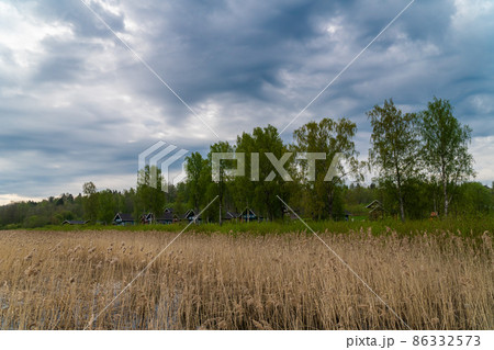 Russia. May 15, 2021. Morning spring recreation center Vohotka landscape on Sukhodolsky lake. Russia. May 15, 2021. Morning spring recreation center Vohotka landscape on Sukhodolsky lake. 86332573