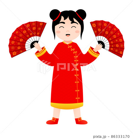 Cute girl in chinese national costume holding red fans in cartoon style for lunar new year decorative element 86333170