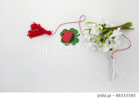 Bouquet of snowdrops on white background with red and white rope and lalybug. First of march celebration Martisor. 86333560
