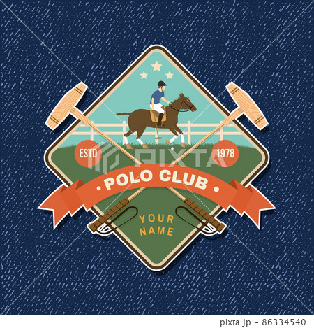 Polo club sport badge, patch, emblem, logo. Vector illustration. Color equestrian label, sticker with rider and horse silhouettes. Polo club competition riding sport. 86334540