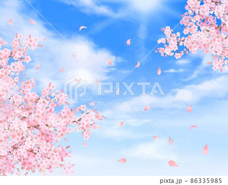 美しく華やかな桜の花と花びら舞い散る春の爽やか青空に光差し込む雲のフレーム背景ベクター素材イラストのイラスト素材