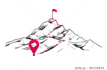 Path to mountain success. Hand drawn progress and achievements concept with goals or route. Rock trail with flag. Mountaineering way plan. Development strategy. Vector business win 86338644