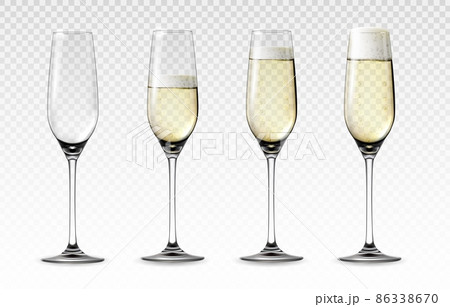 Realistic glass of sparkling wine. Transparent mockup of high wineglass with bubbled white grape drink. Wedding and Valentine day celebration toast. Vector 3D champagne glassware set 86338670