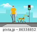 A robot dog helps a blind man cross the road. The robot dog turns on the green traffic light. The concept of robotic assistants. 86338852