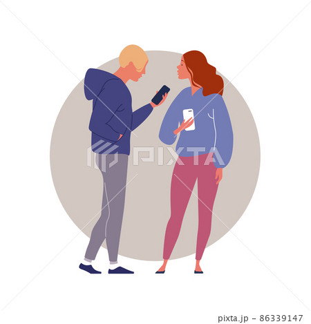 Guy in hoodie and girl in oversized sweater hold their smartphones in their hands and discuss news from the Internet. Vector flat illustration on a round isolated background 86339147