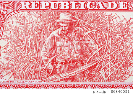 Che Guevara cutting sugar cane from Cuban money 86340031