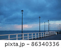 Pier on the Baltic Sea. Many birds on the sea and a wooden pier. There are many lanterns on the pier. A flock of birds over the sea. 86340336