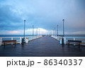 Pier on the Baltic Sea. Many birds on the sea and a wooden pier. There are many lanterns on the pier. A flock of birds over the sea. 86340337
