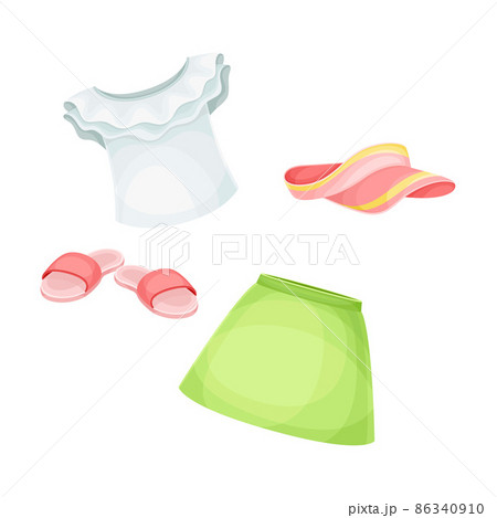 Summer clothes for girl set. Blouse, skirt, flip flops and vizor cartoon vector illustration 86340910