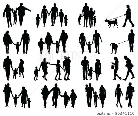 Black silhouettes of families at walking on a white background 86341110
