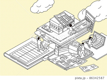 確定申告をする人のアイソメトリック図　黄色ヨコver 86342587
